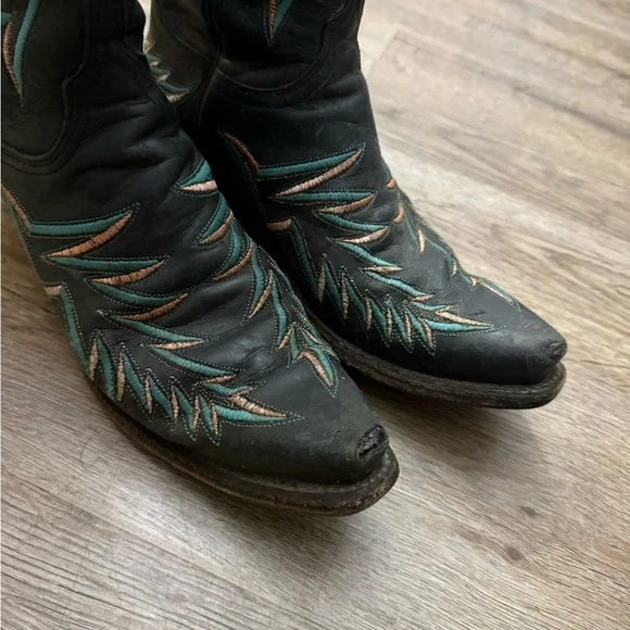 Lucchese Black and Turquoise Snip Toe Western Cowboy Boots Size 7 - Picture 8 of 16